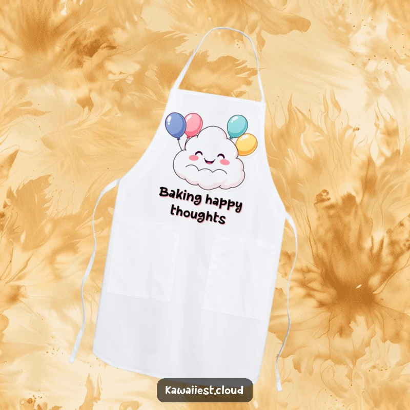 Funny apron showcasing a happy cloud character with a wide grin, floating with colorful balloons. Functional and humorous kitchen wear.