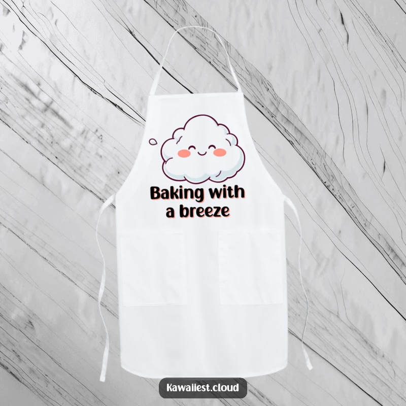 Funny apron featuring a cloud character gently blowing a colorful breeze, adding a touch of calm to cooking.
