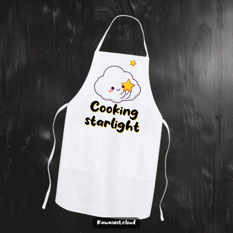 Funny apron showing a cloud character gleefully tossing a miniature, smiling star.