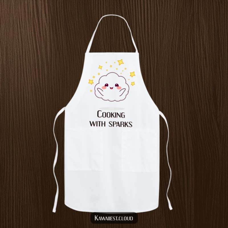 Smiling funny cloud character enthusiastically launching tiny fireflies on this whimsical and functional kitchen apron.