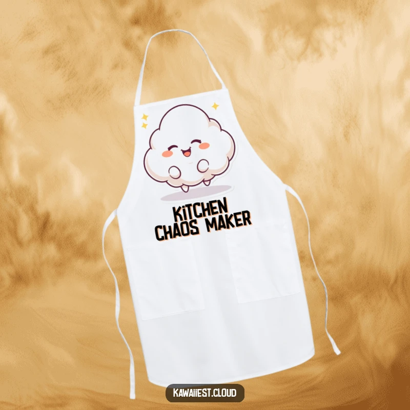 Funny apron showing a playful cloud character with a mischievous twinkle, bouncing with excitement. Whimsical and functional.