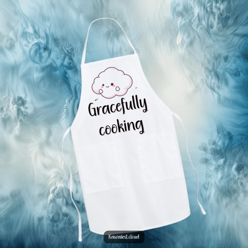 Funny Cloud Apron showing a character happily gliding on a gentle breeze, great for kitchen fun.