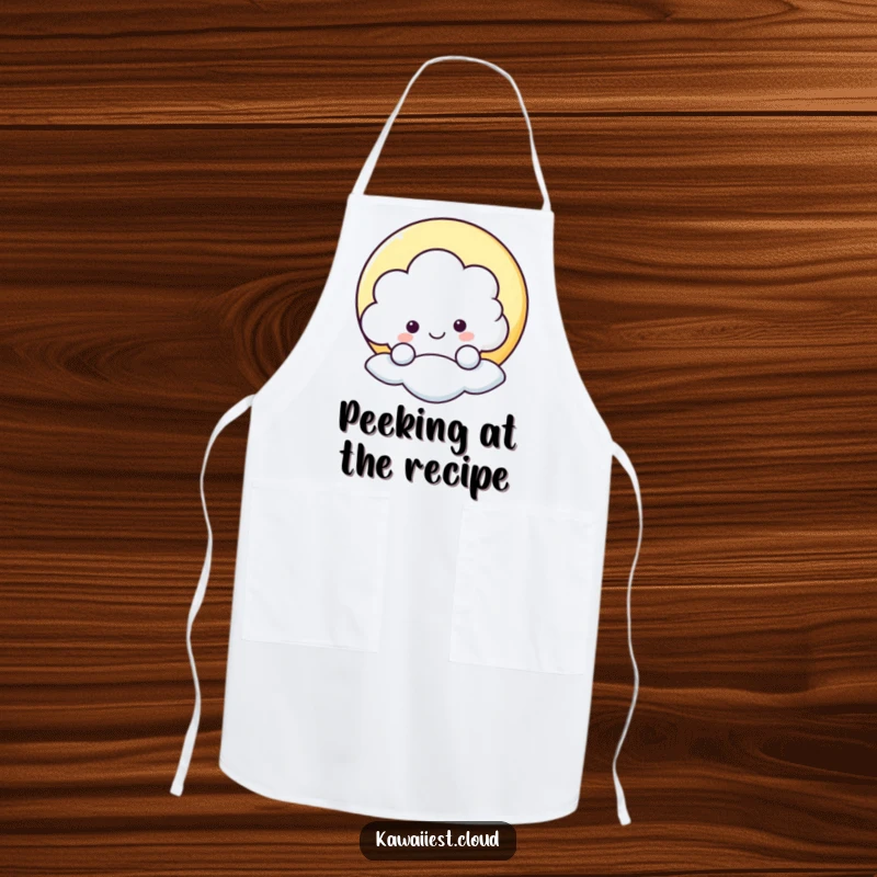 Funny apron for cooking, featuring a cheerful cloud peeking playfully from behind a moon, adding humor to the kitchen.