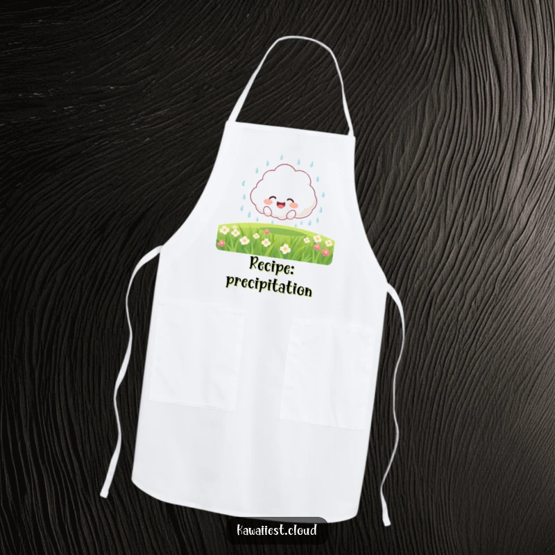 Funny Apron: Joyful fluffy cloud character showering a field with gentle rain, perfect for a cheerful cook.