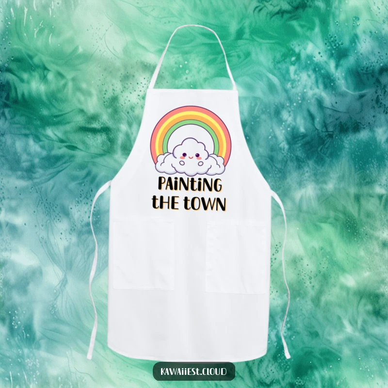 Funny Apron showing a cloud character creating a perfect circle rainbow, adding a whimsical and magical touch to kitchen tasks.