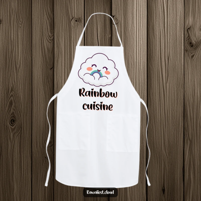 Funny Cloud Apron: A humorous apron with a cloud showing surprised delight at discovering a tiny, smiling rainbow, adding cheer.
