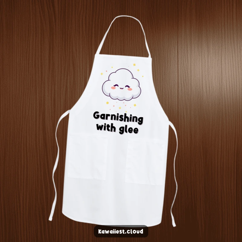 Funny Apron showing a mischievous cloud character dropping sparkling confetti, ready for a fun cooking session.