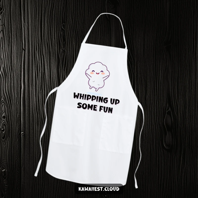 Funny apron featuring a cloud character in a celebratory dance pose, ready to add cheer to any kitchen task.