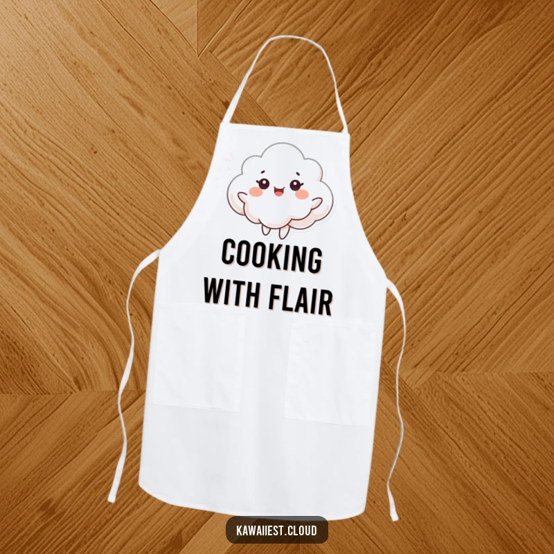 Funny apron showing a cloud character dancing with joyful eyes in a soft breeze. Whimsical and functional kitchen wear.