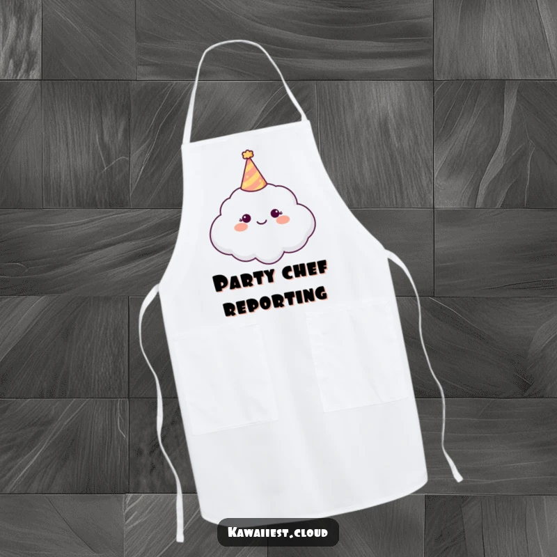 Funny Apron depicting a happy cloud character wearing a tiny, colorful party hat.
