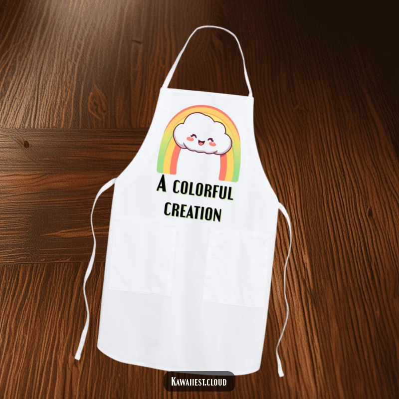 Funny Apron: Delighted cloud character creating a perfect, vibrant rainbow arch, perfect for a colorful cook.