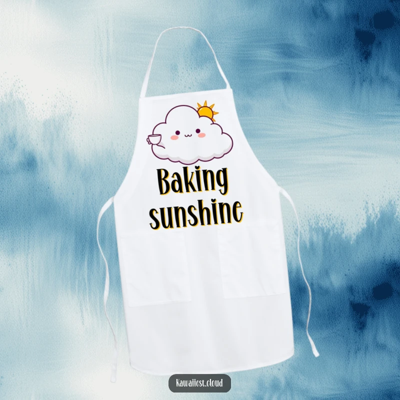 Funny apron showing a cloud character offering a cup of bright sunshine with an outstretched arm. Cheerful and functional.