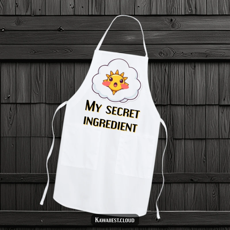 Funny Surprised Cloud Apron: Kitchen apron featuring a surprised cloud character with a small, smiling sun sprouting upwards.