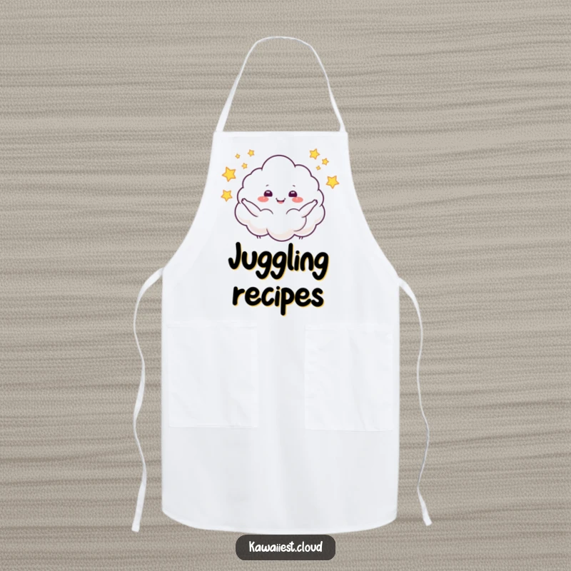 Funny apron with a cloud character juggling stars, adding a humorous and magical touch to kitchen activities.