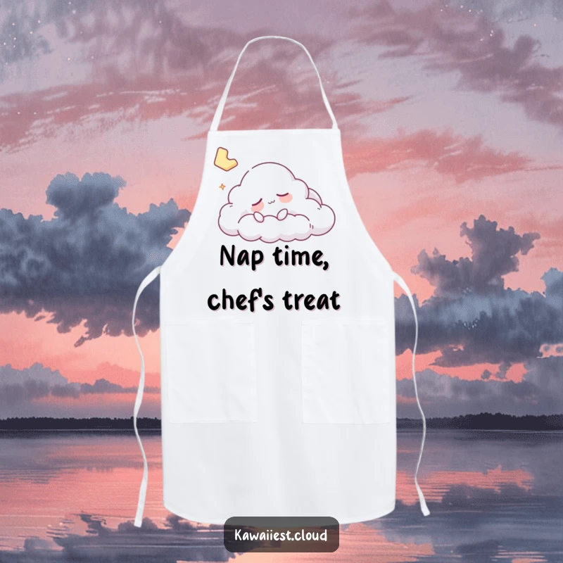 Funny sleepy cloud character napping while cooking on a kitchen apron, perfect for chefs.