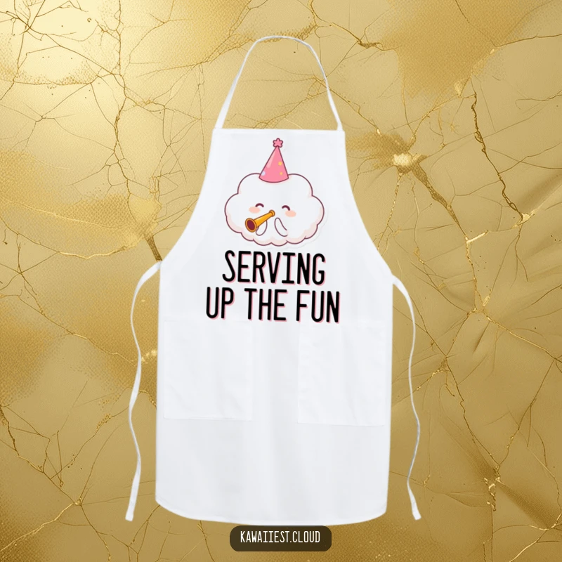 Funny Apron showing a cloud character in a party hat, blowing a tiny trumpet while preparing for a celebration.