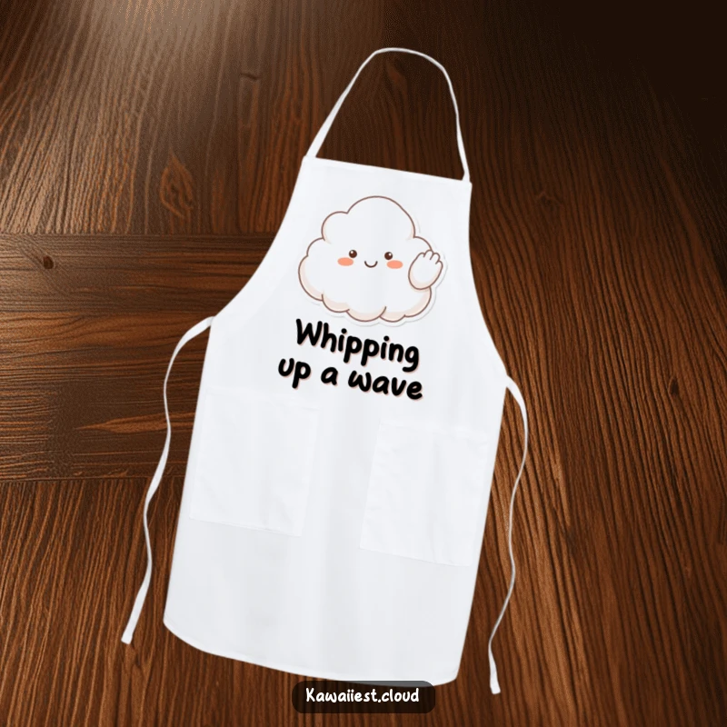 Funny apron featuring a cloud character waving a fluffy arm hello, adding a cheerful and welcoming touch to kitchen tasks.