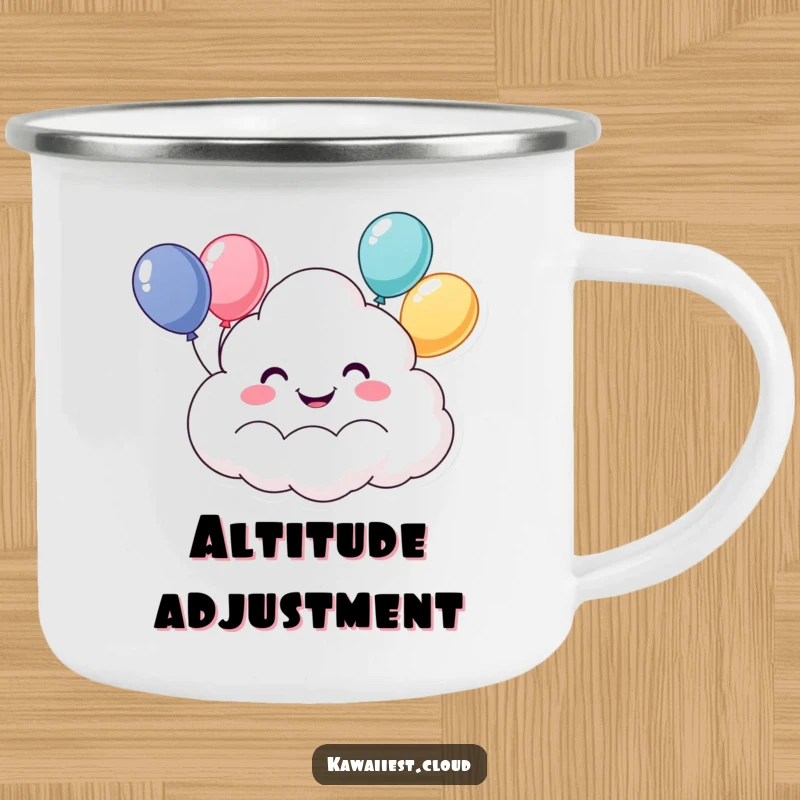 Funny camping mug featuring a happy, grinning cloud character floating with a cheerful bunch of balloons. Durable and humorous drinkware.