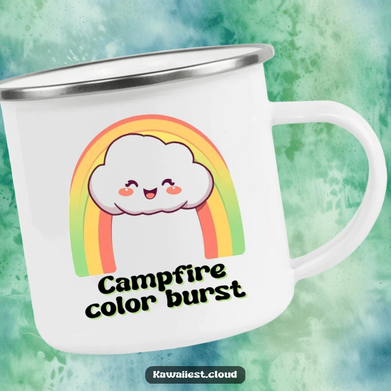 Funny Camping Mug: Delighted cloud character creating a perfect, vibrant rainbow arch, perfect for outdoor color.