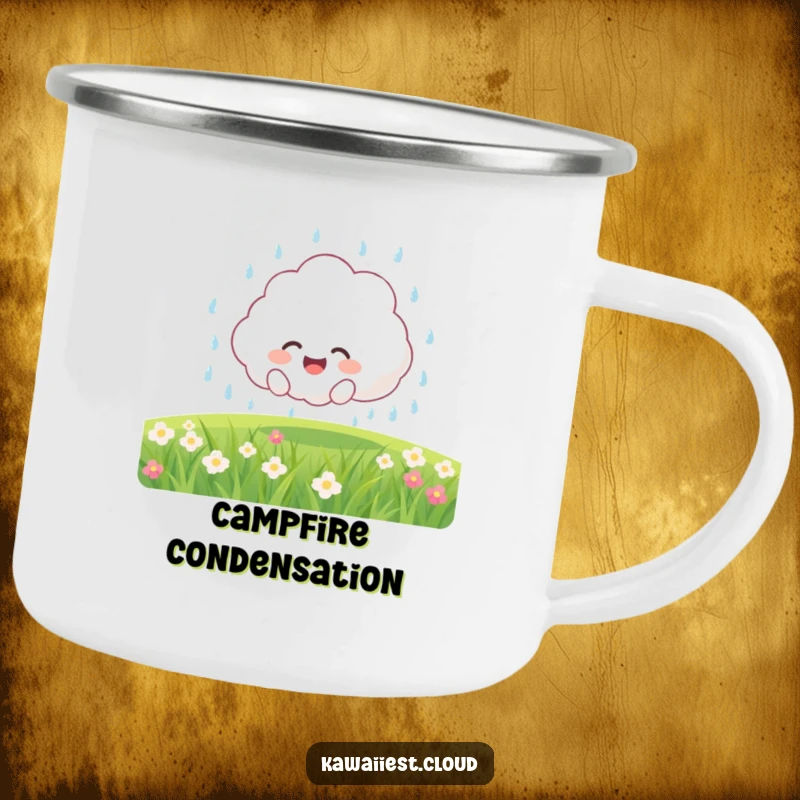 Funny Camping Mug: Joyful fluffy cloud character showering a field with gentle rain, perfect for outdoor sipping.