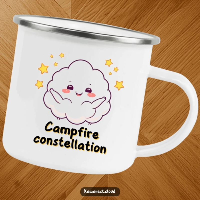 Funny camping mug showing a cloud character juggling stars, perfect for enjoying drinks outdoors with a magical and humorous twist.