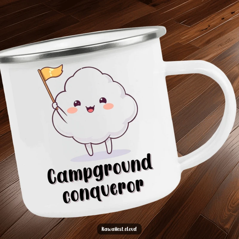 Funny Camping Mug: A cloud character happily waving a tiny, shimmering flag, bringing cheerful greetings to your adventures.