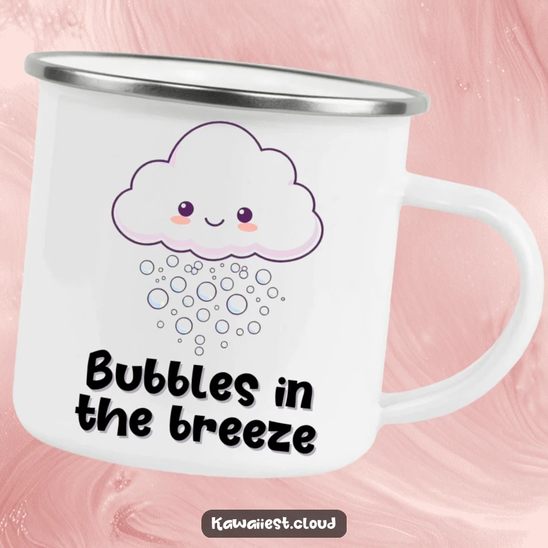 Funny Camping Mug depicting a cloud character releasing a gentle stream of tiny, shimmering, iridescent bubbles.