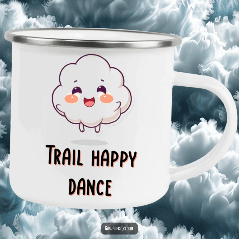 Funny camping mug with a cloud character performing a joyful bounce, perfect for sipping drinks outdoors with a cheerful, energetic vibe.