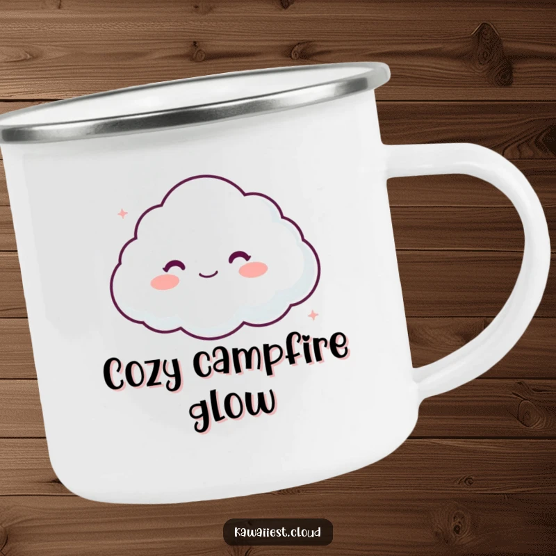Funny camping mug with a cloud character displaying a soft, comforting appearance, perfect for enjoying drinks outdoors with a gentle vibe.