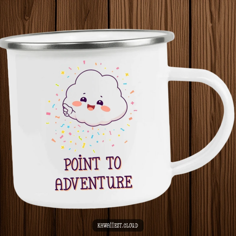 Funny camping mug: excited cloud character pointing at a lively cascade of celebratory confetti, perfect for outdoor fun.