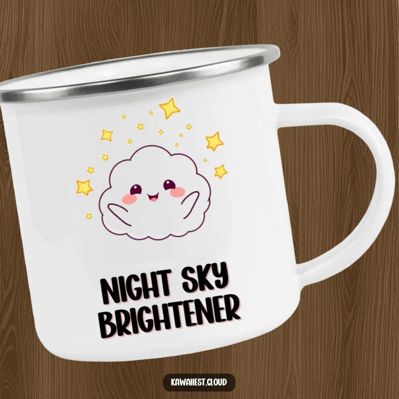 Smiling funny cloud character enthusiastically launching tiny fireflies on this durable and whimsical camping mug.
