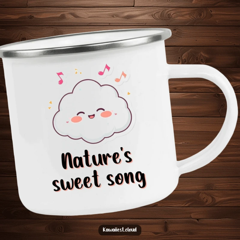 Funny camping mug with a cloud character giggling amidst tiny, dancing musical notes.