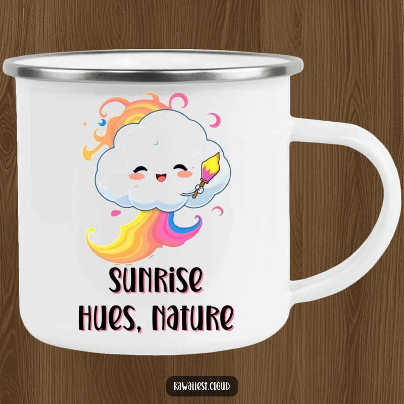 Funny Camping Mug featuring a cloud character painting a colorful sky with swirling paint, perfect for nature lovers.