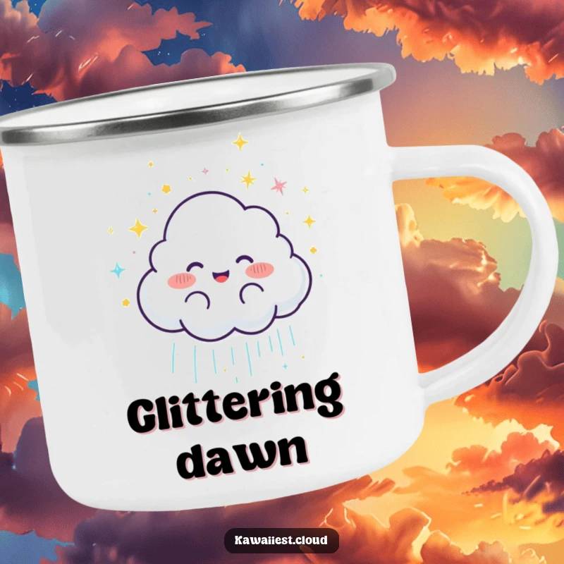 Funny Joyful Cloud Rain Camping Mug: A rugged mug featuring a joyful cloud character showering glittery rain, perfect for outdoor enjoyment.