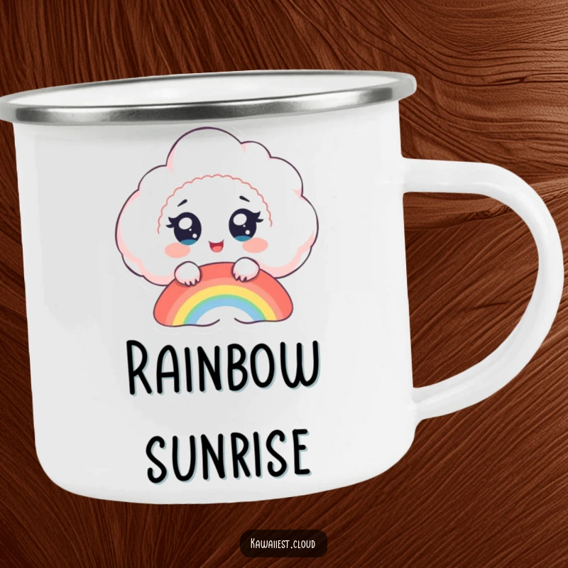 Funny cloud camping mug, a delighted cloud with big eyes watches a rainbow form, perfect for outdoor enchantment.