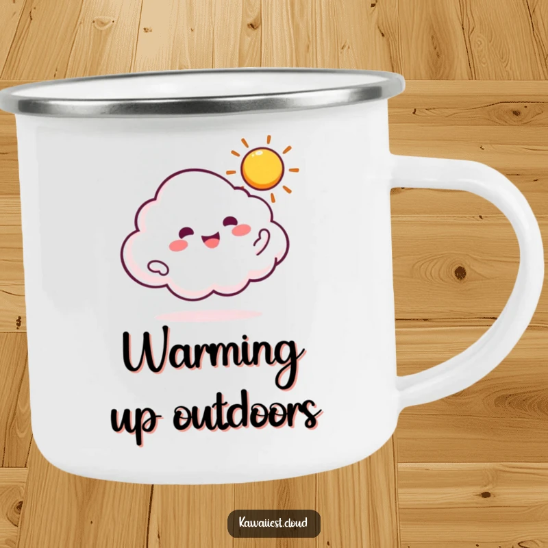 Funny camping mug with a cloud character gleefully spinning a miniature, bright sun.