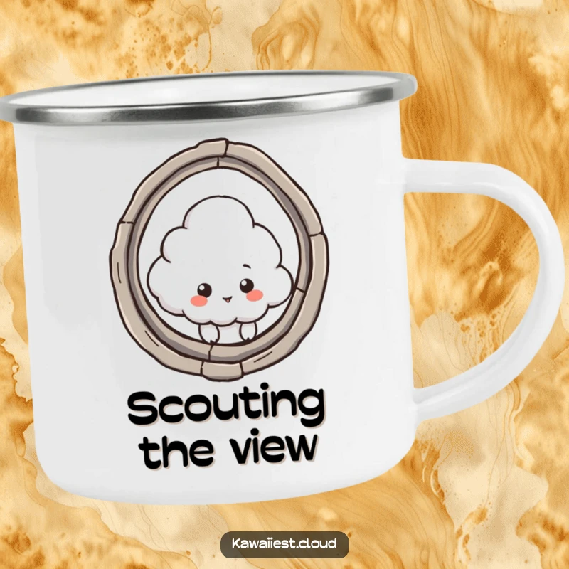 Funny camping mug showing a cloud character peeking through a keyhole, perfect for enjoying drinks outdoors with a humorous twist.