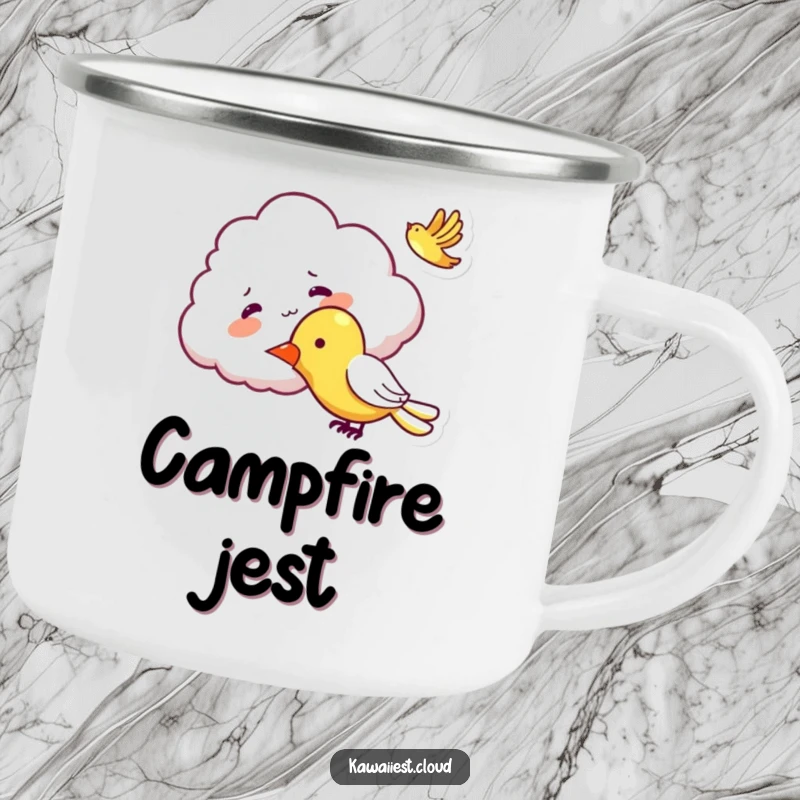 Funny Mischievous Cloud Camping Mug: A sturdy mug featuring a mischievous cloud character tickling a passing airplane, ideal for outdoors.
