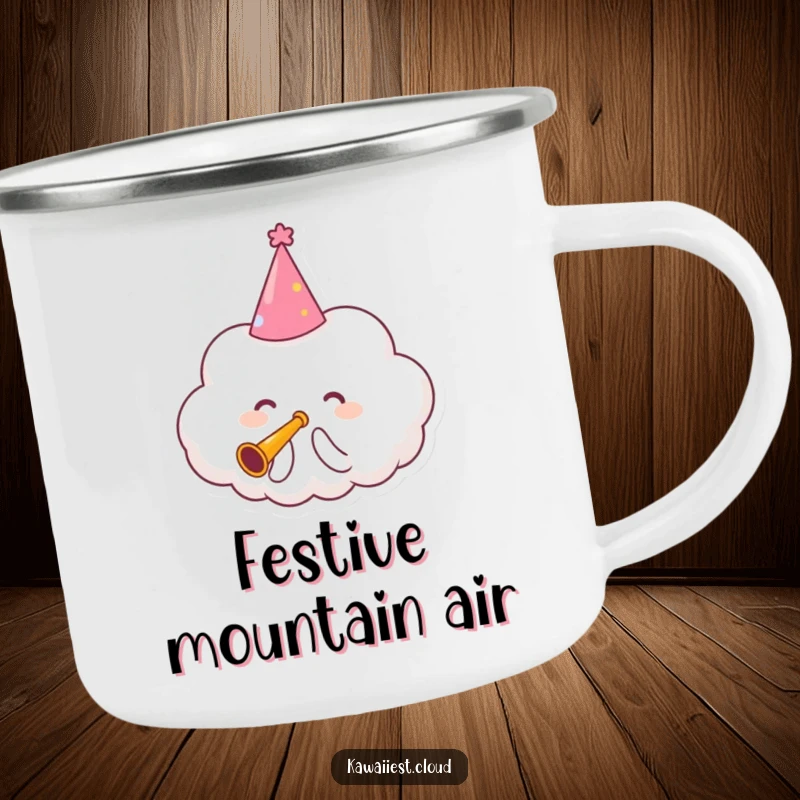 Funny Camping Mug featuring a cloud character in a party hat, playing a tiny trumpet, ready to celebrate outdoors.