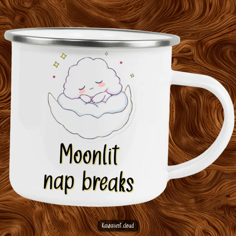 Funny camping mug featuring a cloud character peacefully napping on a crescent moon, perfect for campers who value relaxation.