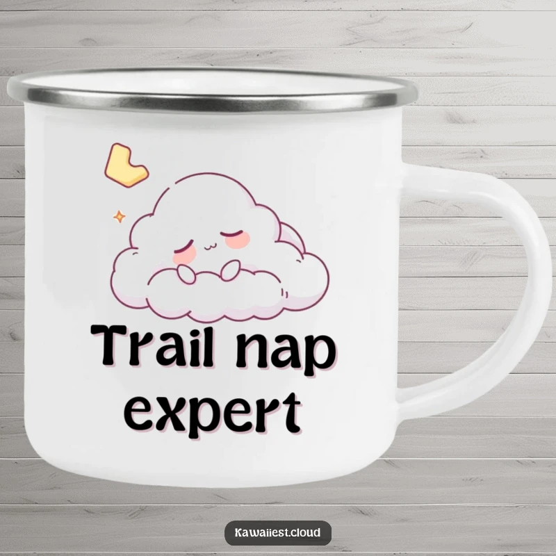 Funny sleepy cloud character enjoying a peaceful dream on a durable camping mug, perfect for adventures.