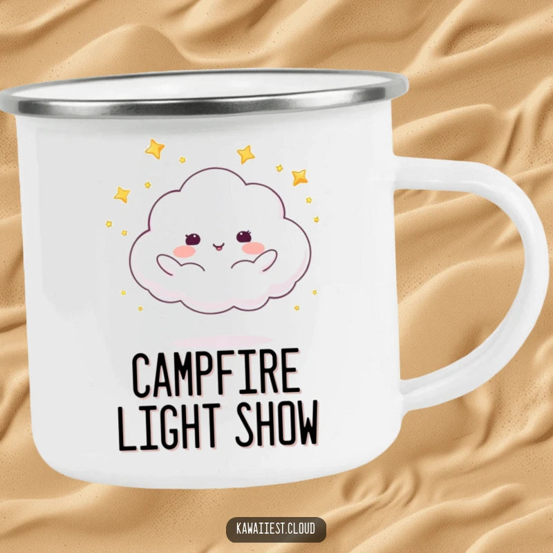 Funny camping mug featuring a cloud character juggling shimmering stars, perfect for stargazing and magical outdoor moments.