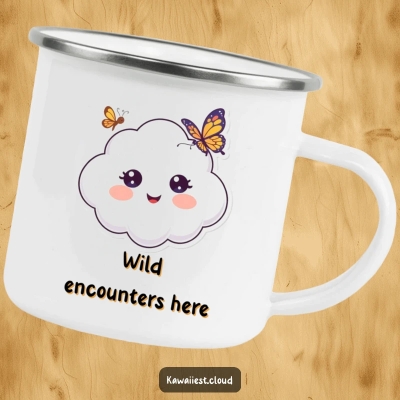 Funny Camping Mug showing a cheerful cloud character with wide, surprised eyes, gazing at a fluttering butterfly.