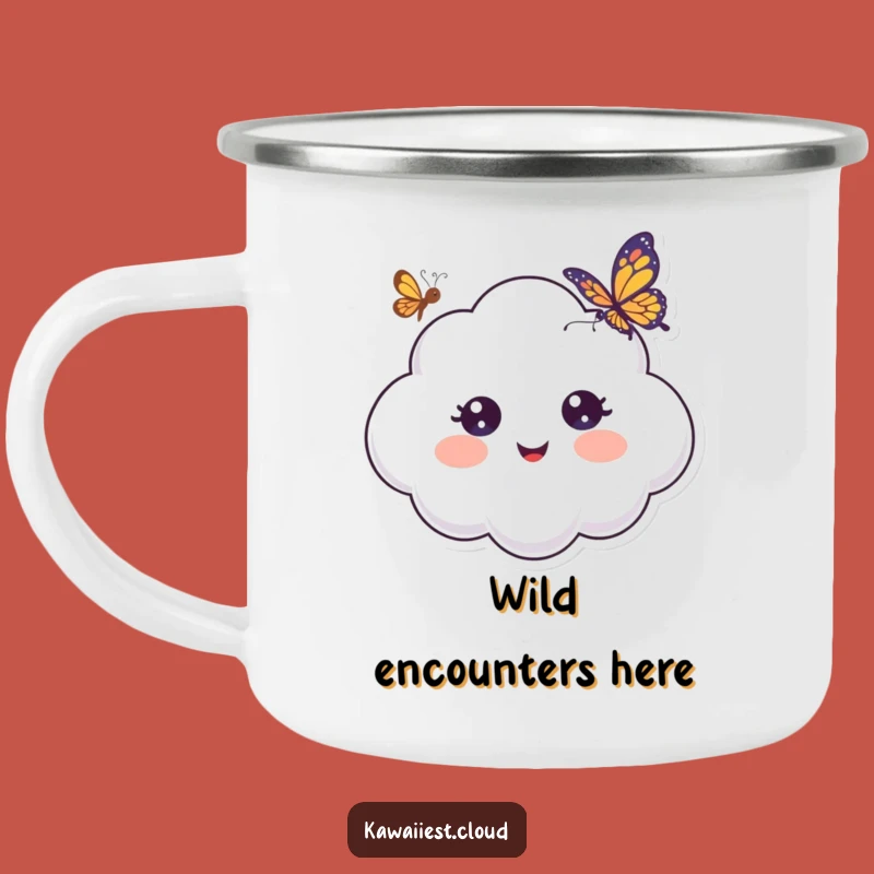 Funny Surprised Cloud Camping Mug: Outdoor Wonder, Butterfly Friend, Perfect Funny Gift for Campers