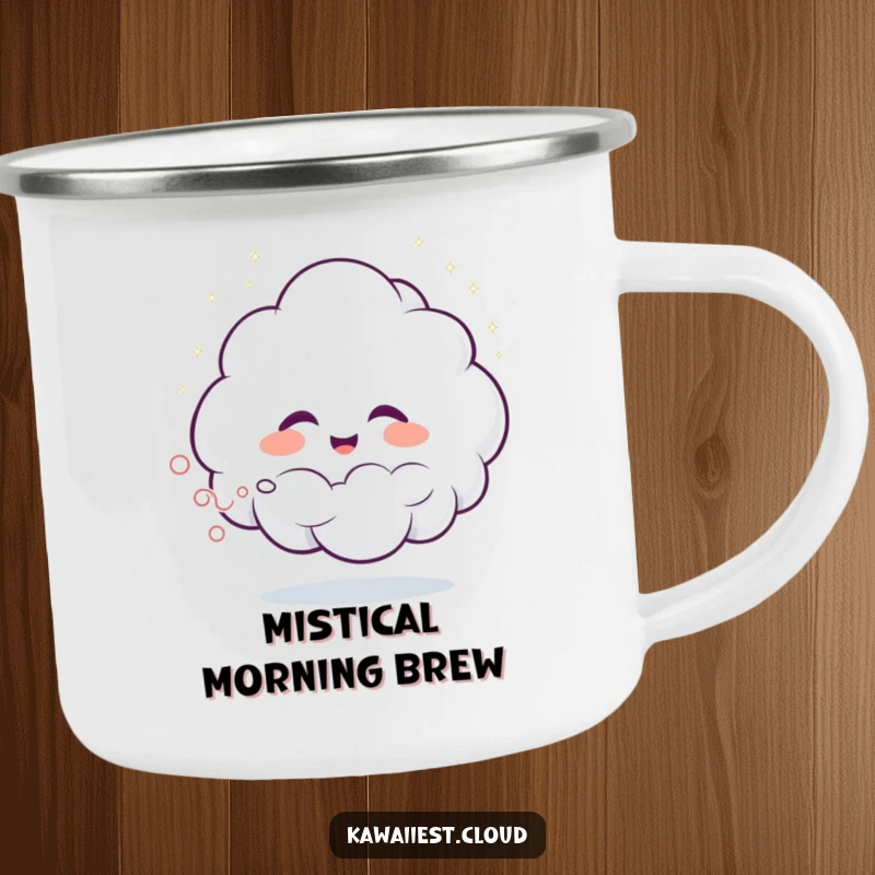 Funny camping mug featuring a joyful, giggling cloud spraying mist, perfect for adventurers who appreciate humor.