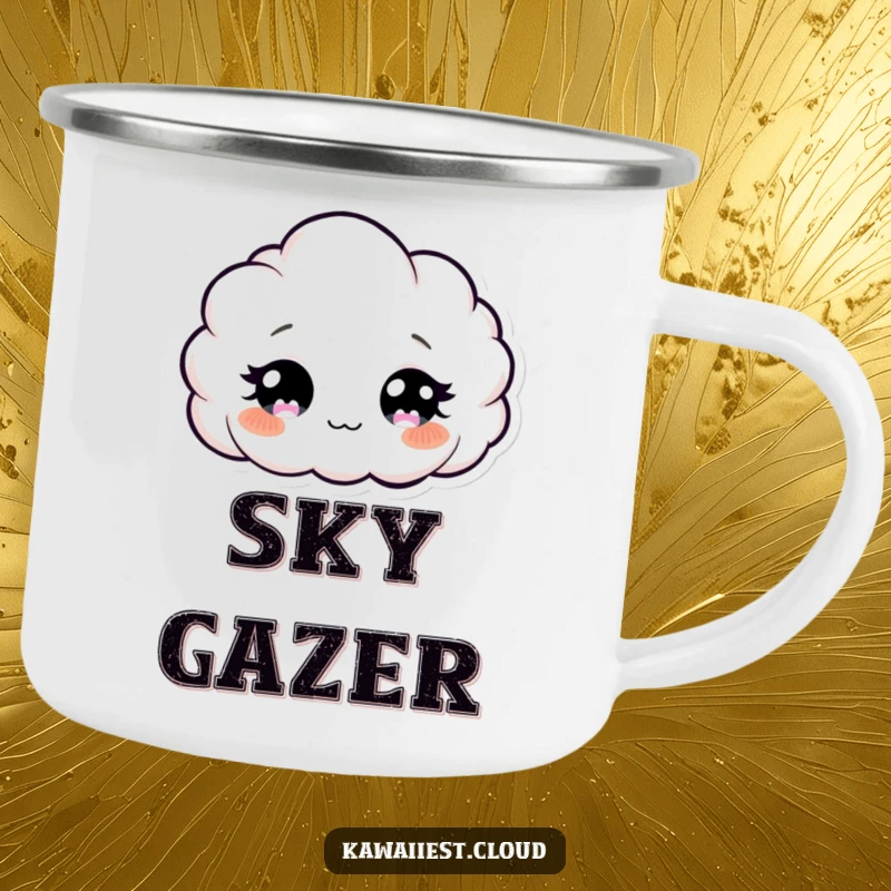 Funny Curious Cloud Camping Mug: A rugged mug featuring a curious cloud character with twinkling eyes, perfect for outdoor enjoyment.