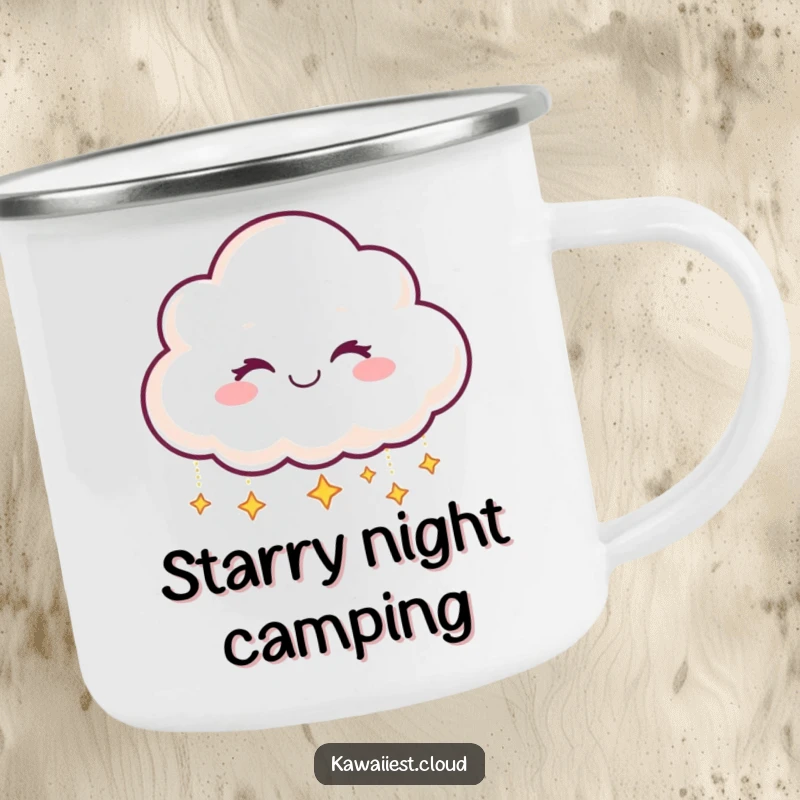 Funny Camping Mug: Smiling cloud character winking while dropping tiny, shimmering stars, perfect for night sipping.