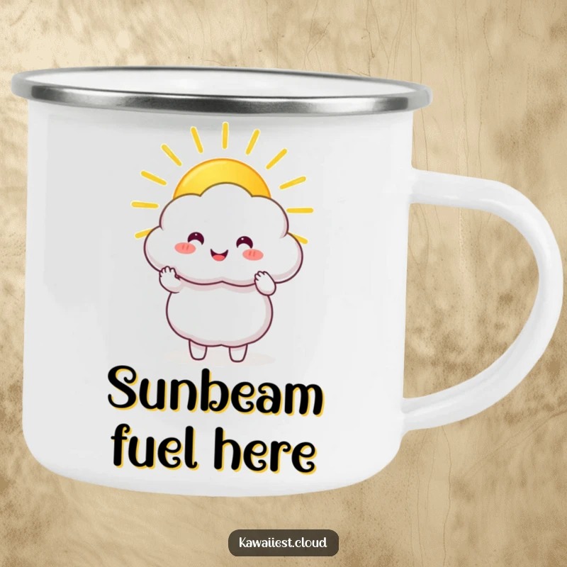 Funny Camping Mug: Happy cloud character holding and sharing a large, golden sunbeam, perfect for outdoor warmth.