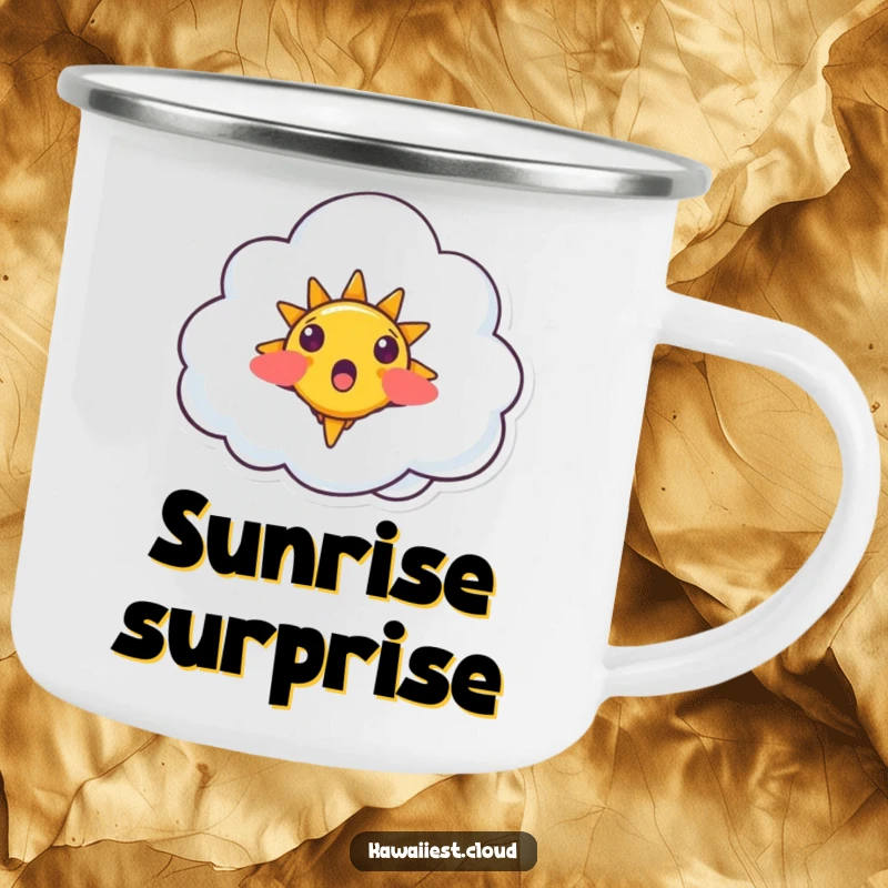 Funny Surprised Cloud Camping Mug: A sturdy mug featuring a surprised cloud with a tiny, smiling sun sprouting, ideal for outdoors.