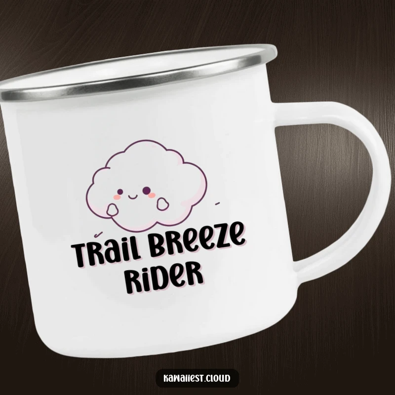 Funny Cloud Camping Mug showing a character happily gliding on a gentle breeze, great for outdoor use.